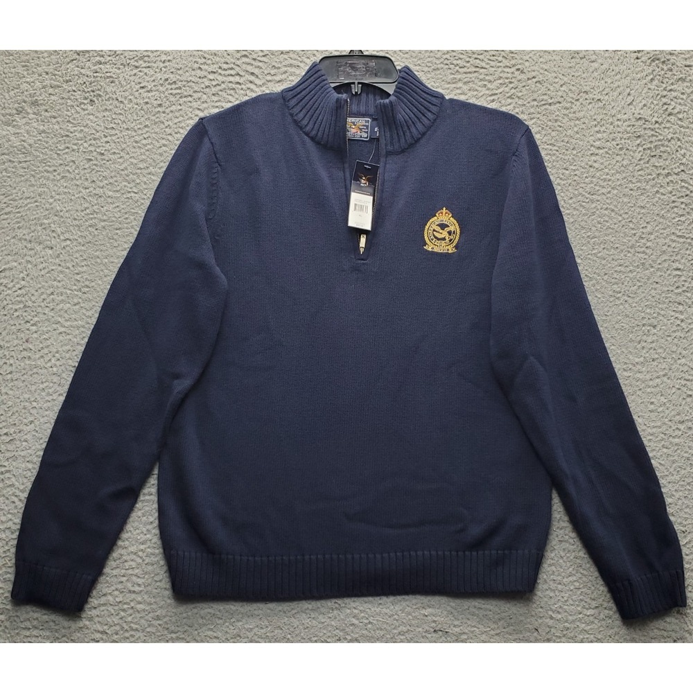 American Living Sweater Mens XL Navy Chunky Knit Long Sleeve Crest Logo 1/4 Zip